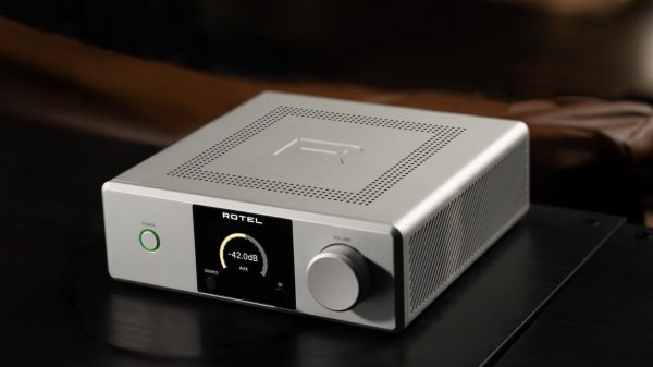 Rotel DX-5 Integrated Amplifier Silver Front Angle View Lifestyle
