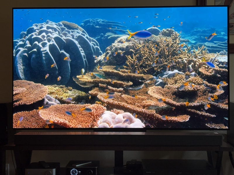 The Samsung QS90H sits beneath an OLED TV with a coral reef scene