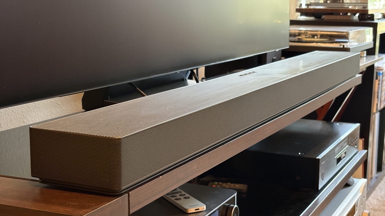 2026 Samsung HW-QS90H soundbar left angle under TV