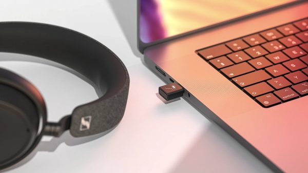 Sennheiser BTD-700 Bluetooth LE USB-C wireless audio adapter in laptop