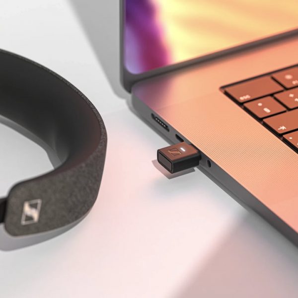 Sennheiser BTD-700 Bluetooth LE USB-C wireless audio adapter in laptop