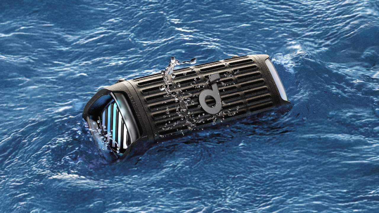 Soundcore Boom 3i portable Bluetooth Speaker floating in water