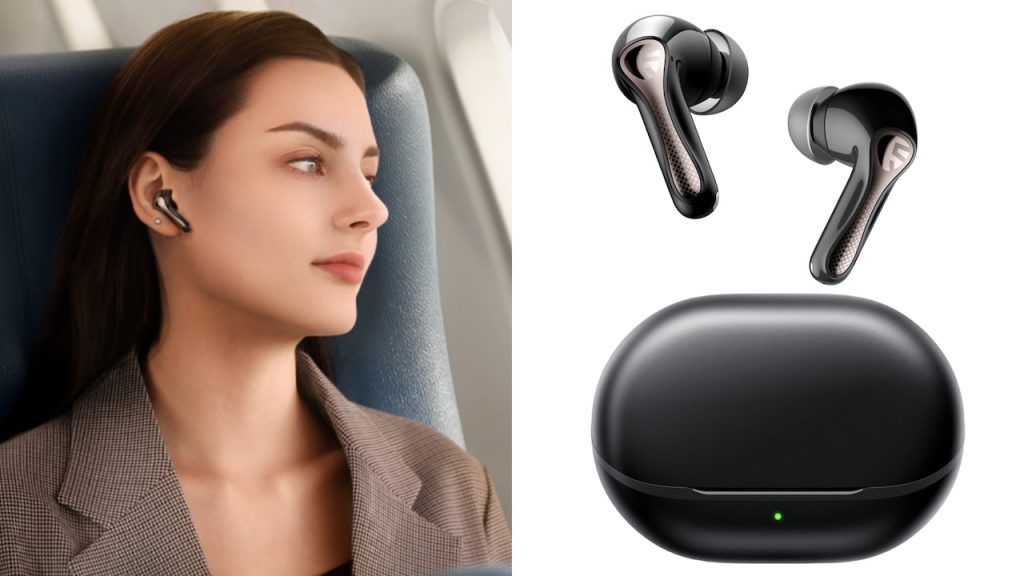 Woman wearing Soundpeats Air5 Pro Wireless Earbuds