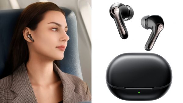 Woman wearing Soundpeats Air5 Pro Wireless Earbuds