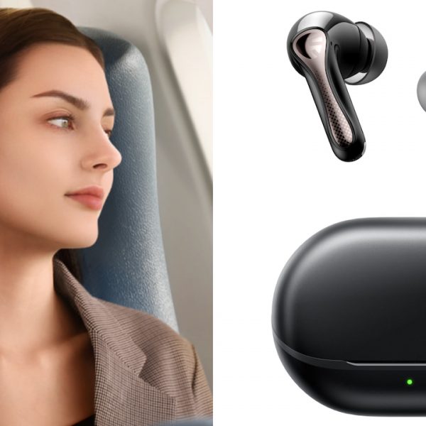 Woman wearing Soundpeats Air5 Pro Wireless Earbuds