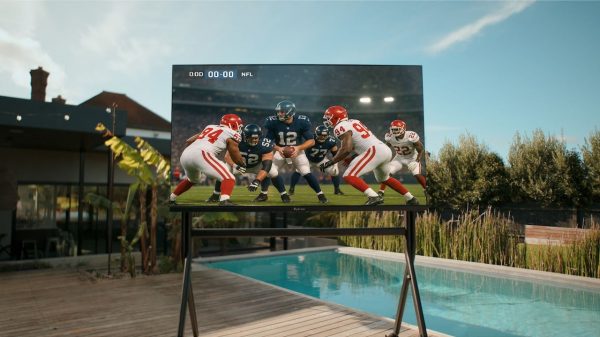 Sylvox Cinema Pro 110-inch Helio QLED Outdoor TV by pool