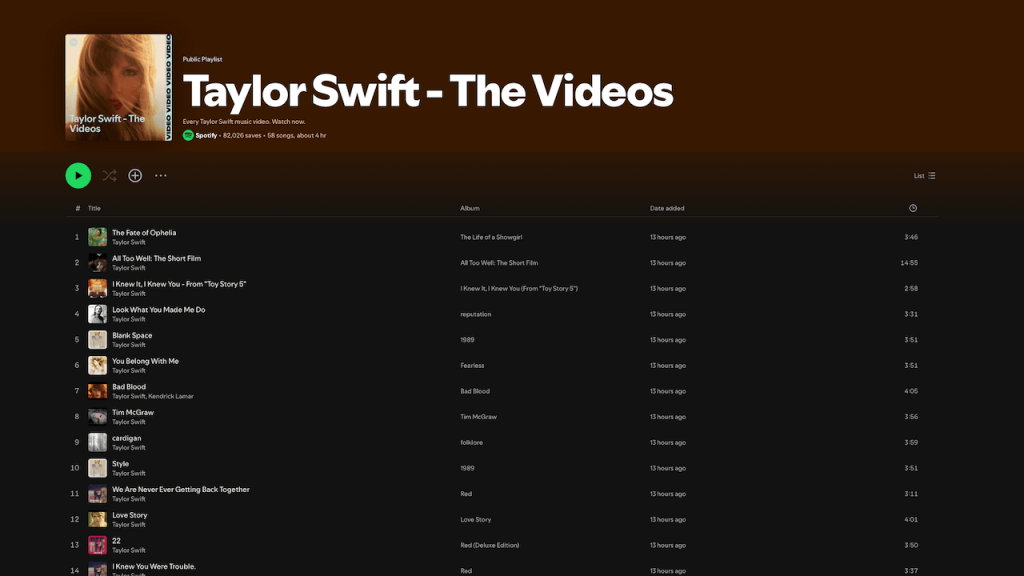 58 Taylor Swift Music Videos on Spotify September 16, 2026