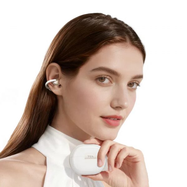TCL CrystalClip Open-ear Wireless Earbuds Lifestyle Woman Holding White Charging Case