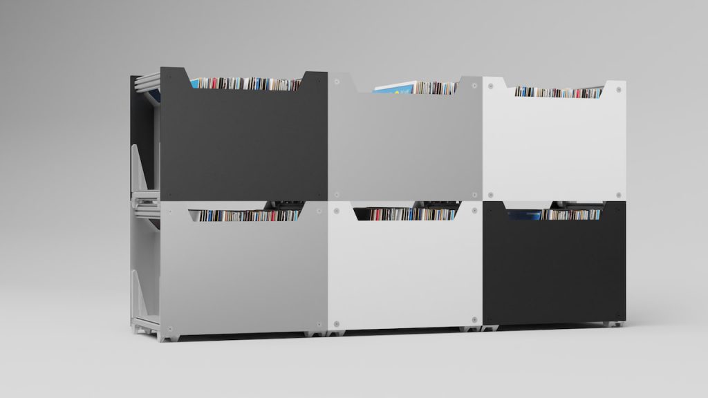Toneoptic CAN Record Storage System stacked with mixed colors
