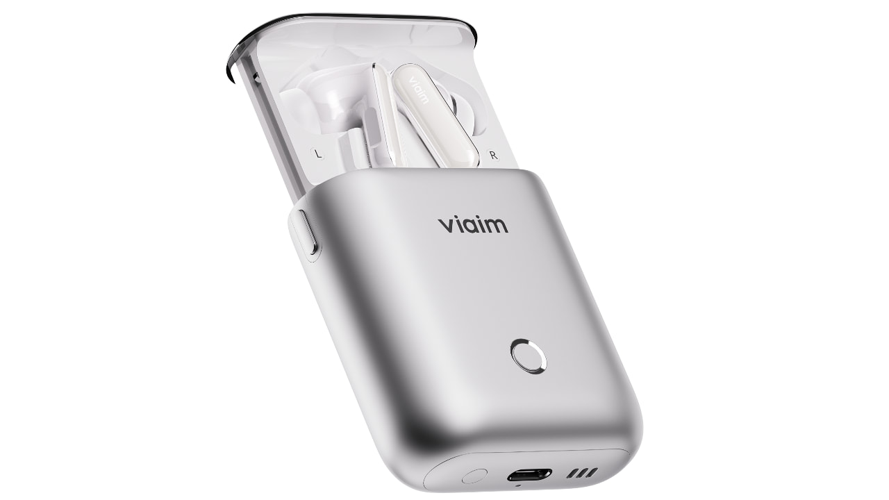 2026 Viaim Rise AI Wireless Earbuds inside case angle