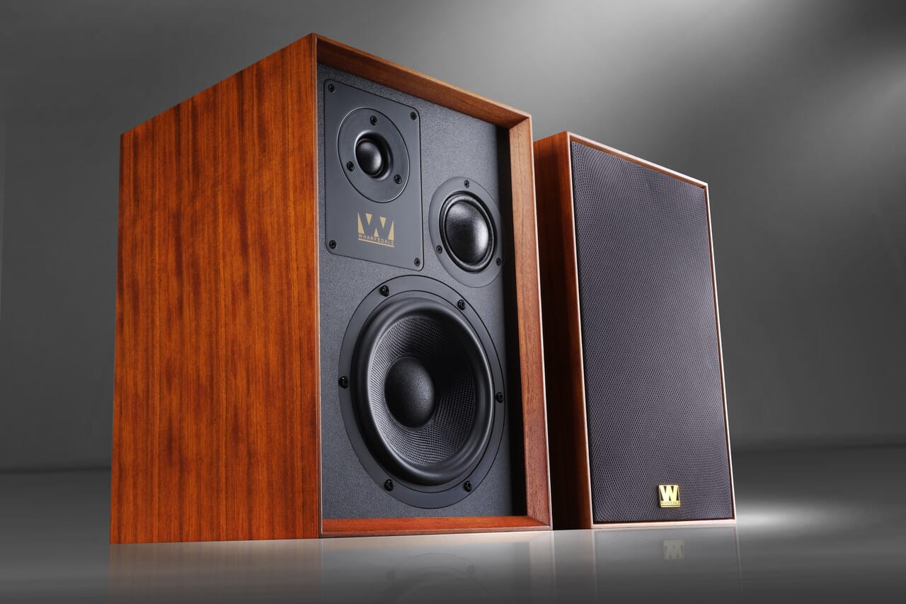 Wharfedale Super Denton Bookshelf Speakers in Red Mahogany with Grille on and off